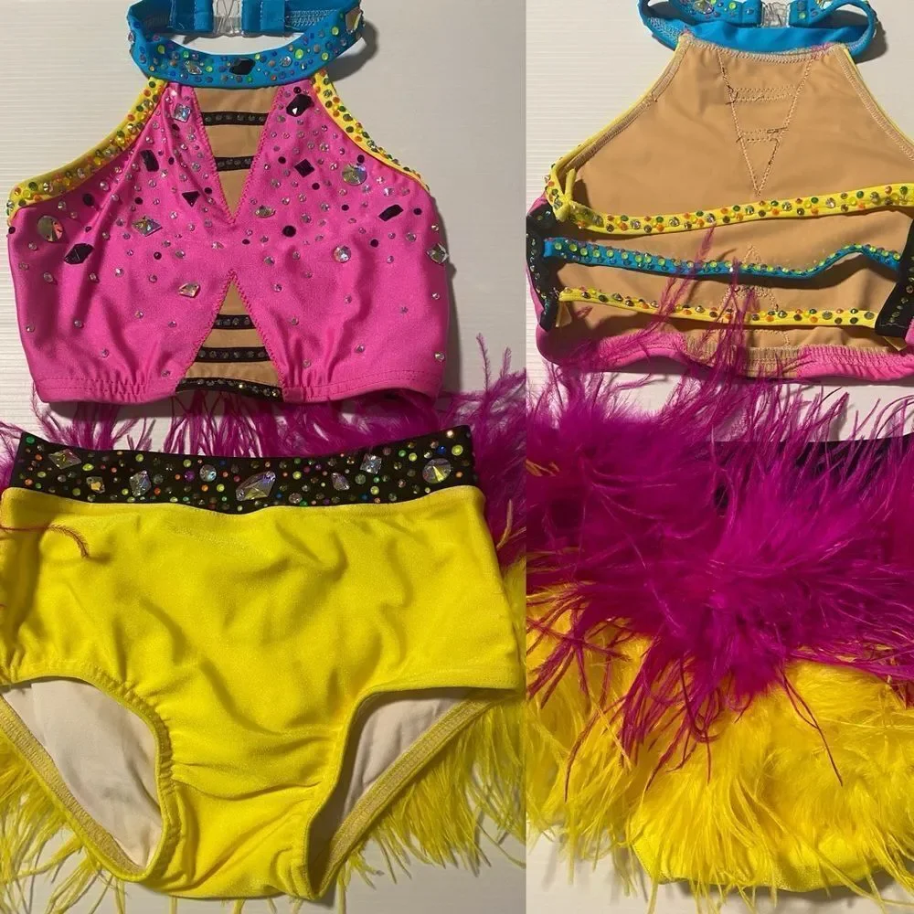 Custom solo dance costume sassy feather contemporary jazz 2 piece LC child/SA